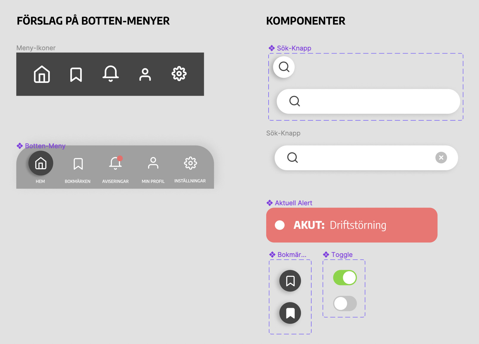 image of components in a figma file, components for menu, notifications and sorting